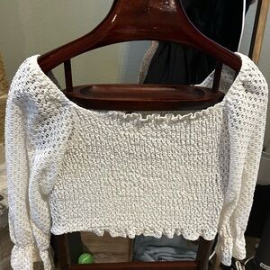 She + Sky White Off-the-Shoulder Smocked Crop Sweater